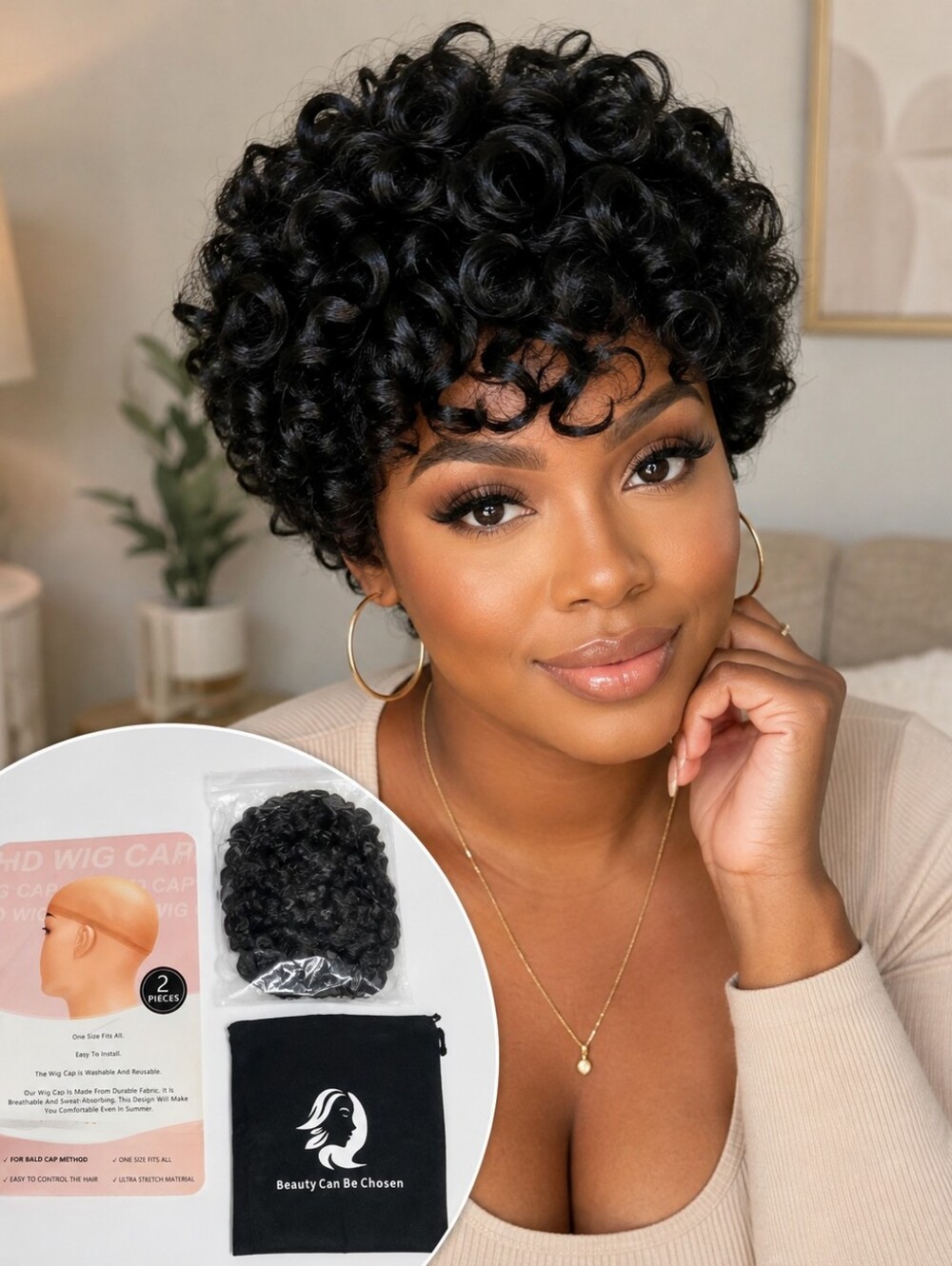 Short Black Curly Wig with 2 Wig Caps & Storage Bag